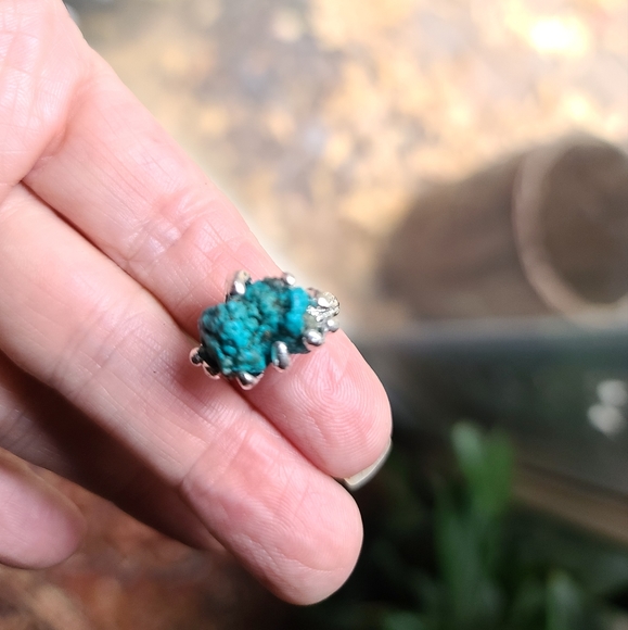 Turquoise raw natural nugget with Pyrite squares sterling ring sz7 - Picture 5 of 14